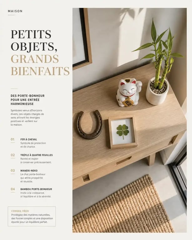 Objets porte bonheur maison disposés dans une entrée : fer à cheval, trèfle, maneki-neko et bambou